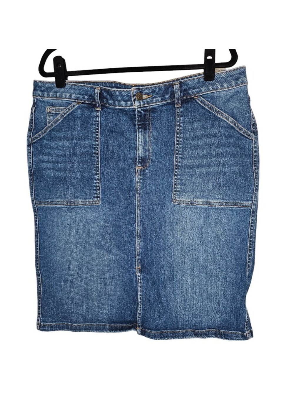 Garnet Hill 16 Denim Skirt Knee Length Front Slit Patch Pocket Medium Light Wash
